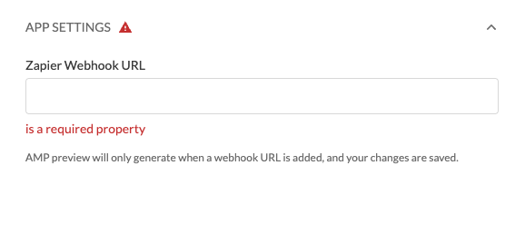 Zapier app configuration. Input your Zapier webhook url in the app settings section.