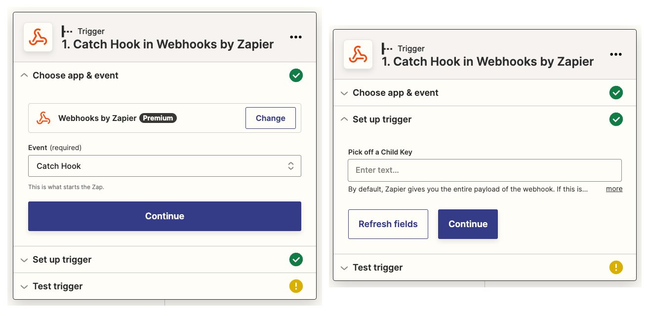 Zapier set up webhook options