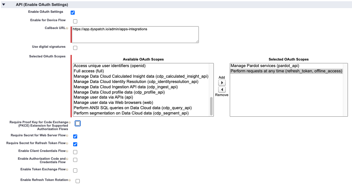 Pardot API OAuth settings