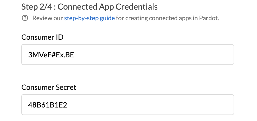 Step 2/4 add Consumer ID and Consumer Secret salesforce Pardot new email service integration