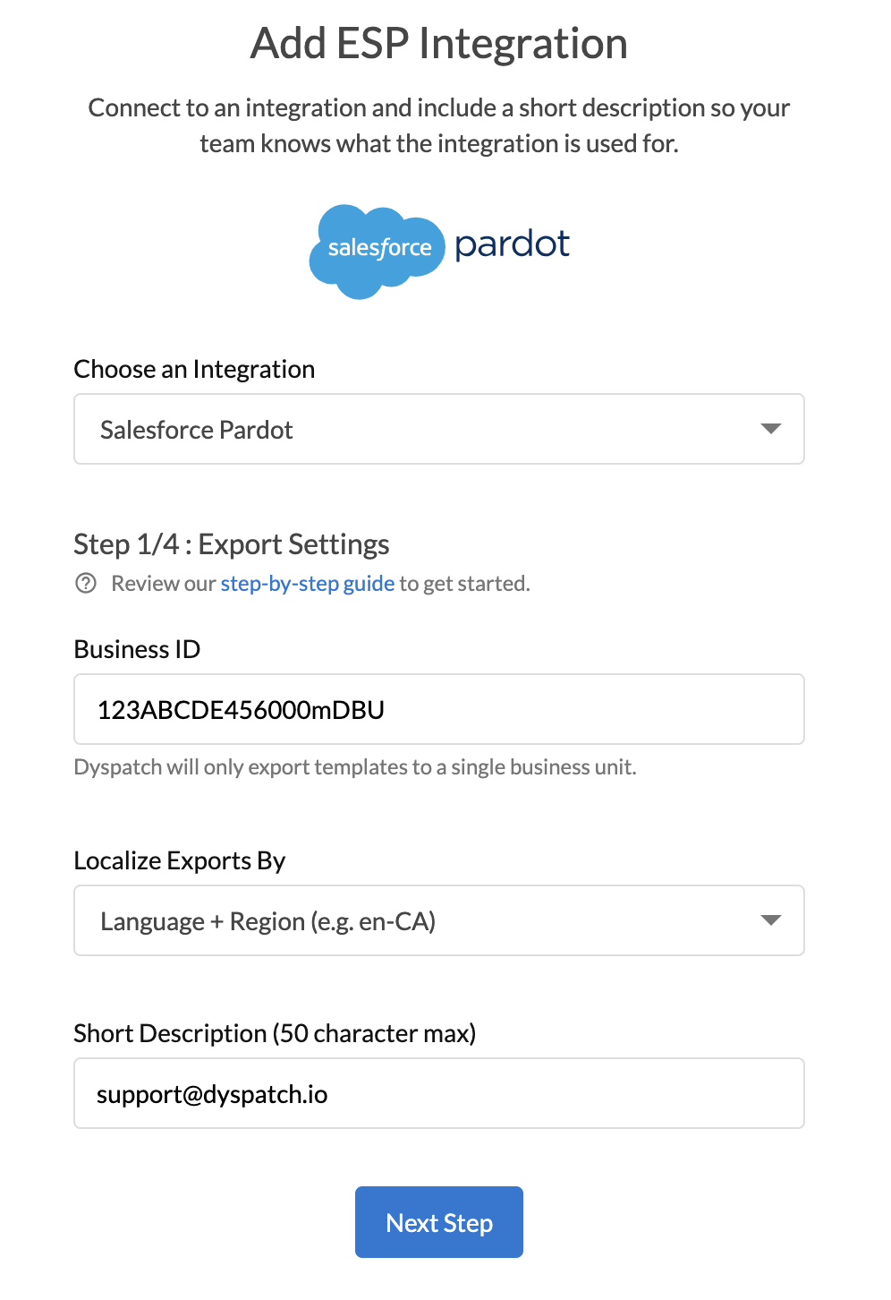 Step 1/4 Export Settings Dyspatch and Salesforce Pardot new email service integration