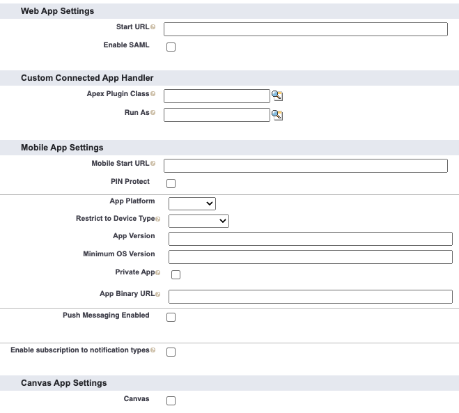 Web app, custom connected app, mobile apps, and canvas app settings section