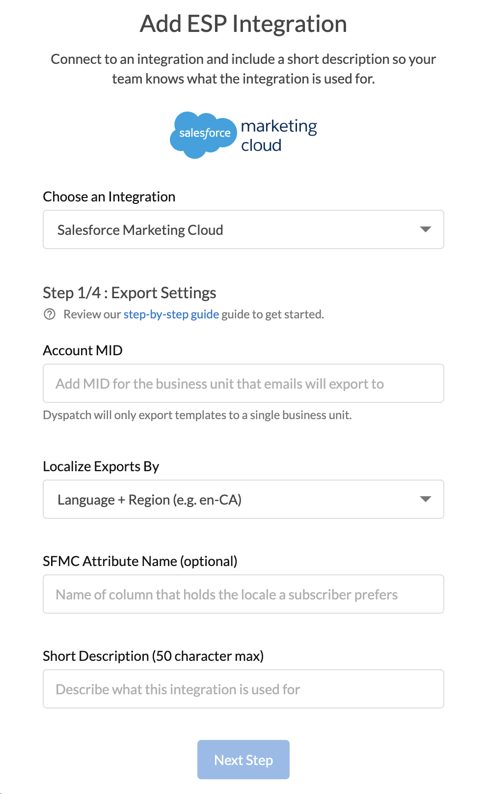 Modal in Dyspatch displaying step 1 for fields required