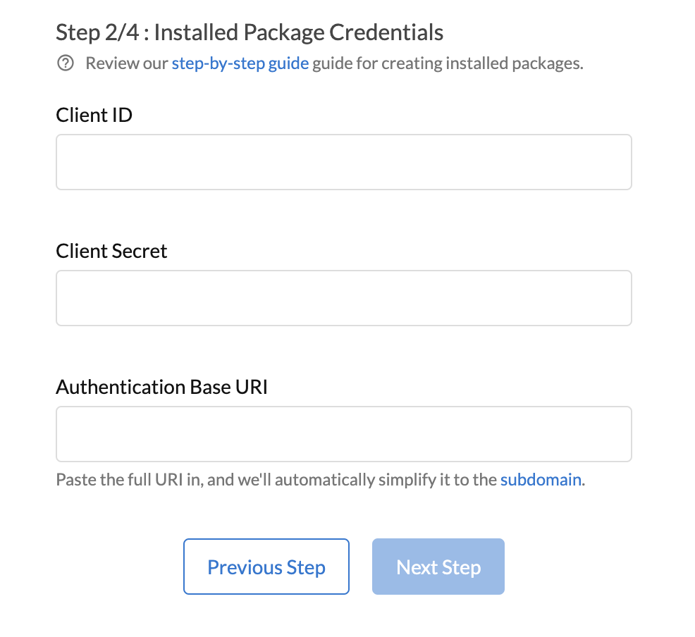 Modal in Dyspatch displaying step 2 for fields required
