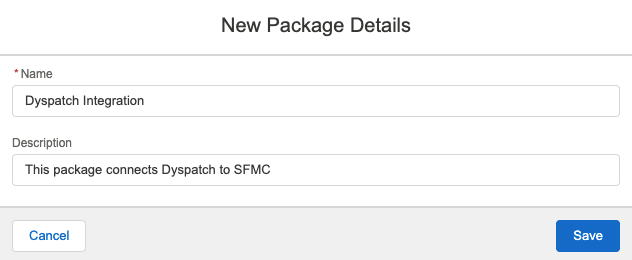 Modal pop up where you can name your new package and add a description