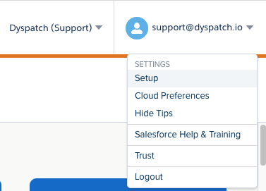 Finding the setup option under the drop down menu when hovering over email address