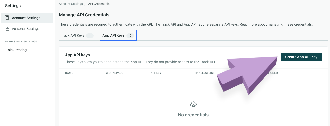 Go to API Keys Page link in username dropdown