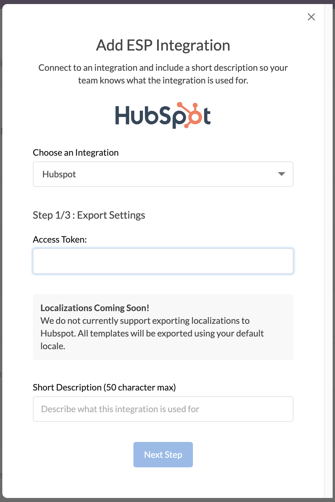 HubSpot selected in the dropdown list of integration choices