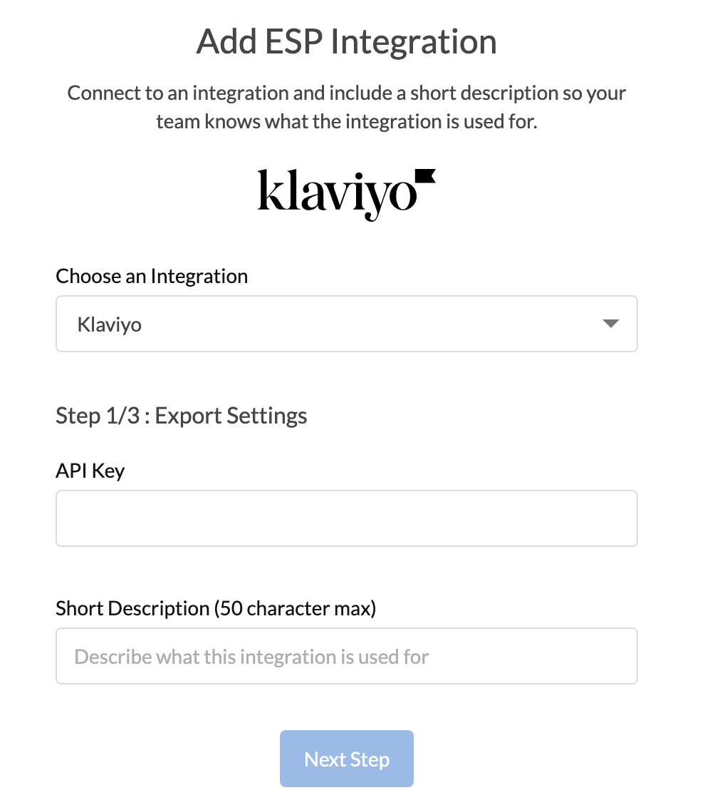 Adding your Klaviyo Integration API key and description in Dyspatch