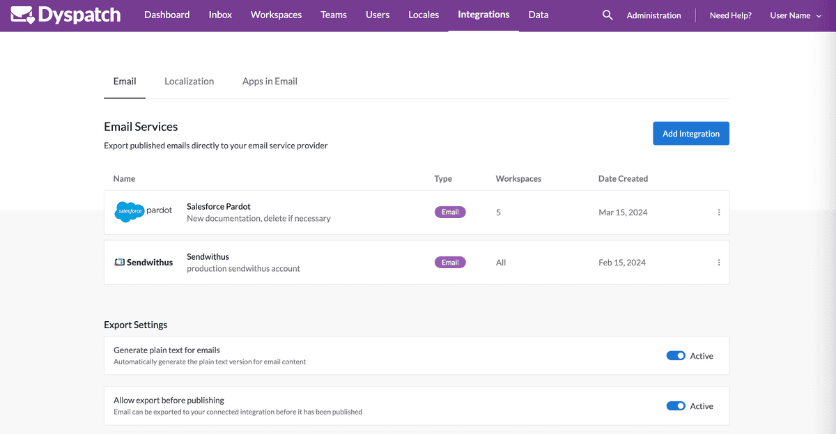 The integrations Admin portal