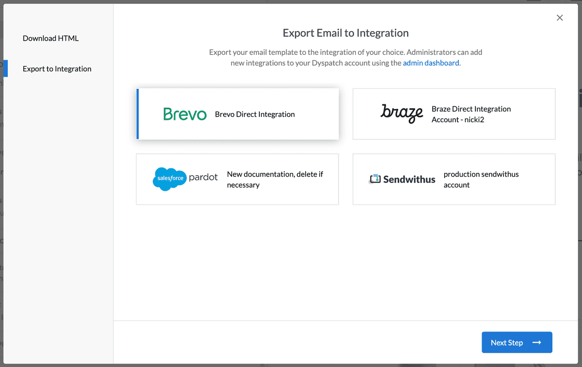 Dyspatch add Brevo integration modal 2 of 3 with sender workspace selections