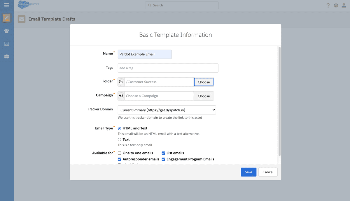 Pardot create email screen