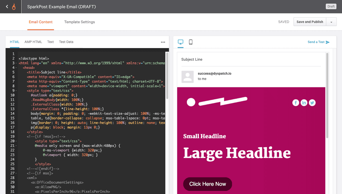 SparkPost HTML editor screen. Paste in your HTML source code here