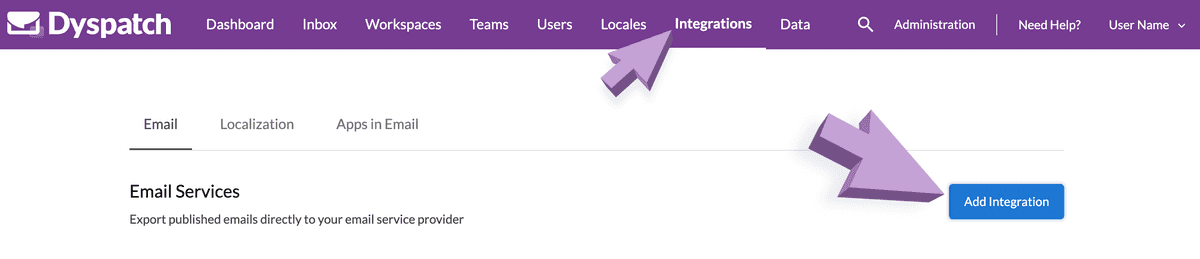 Arrows to add integration button in admin dashboard