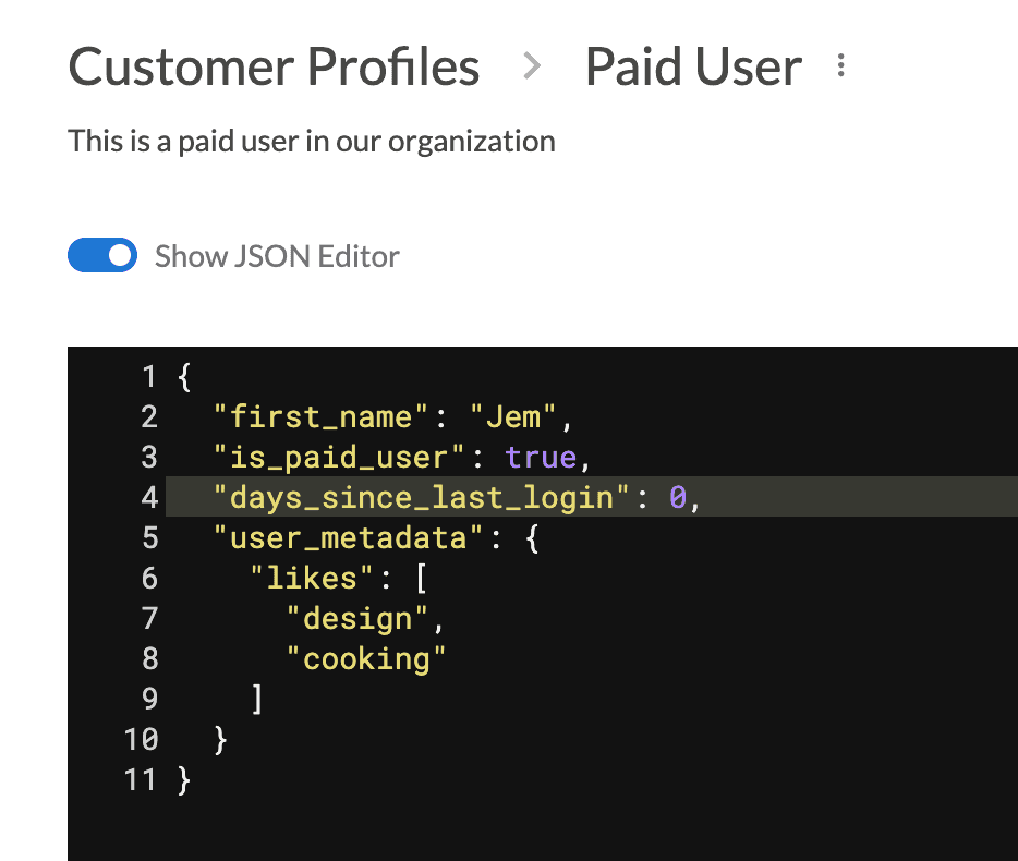 Customer Profile JSON editor page with mock data