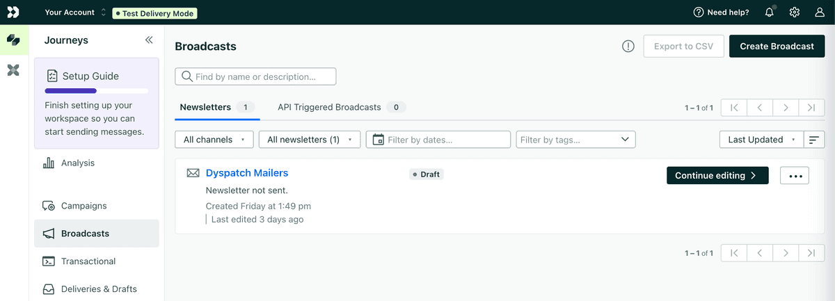 Customer.io Broadcasts tab with exported Dyspatch email