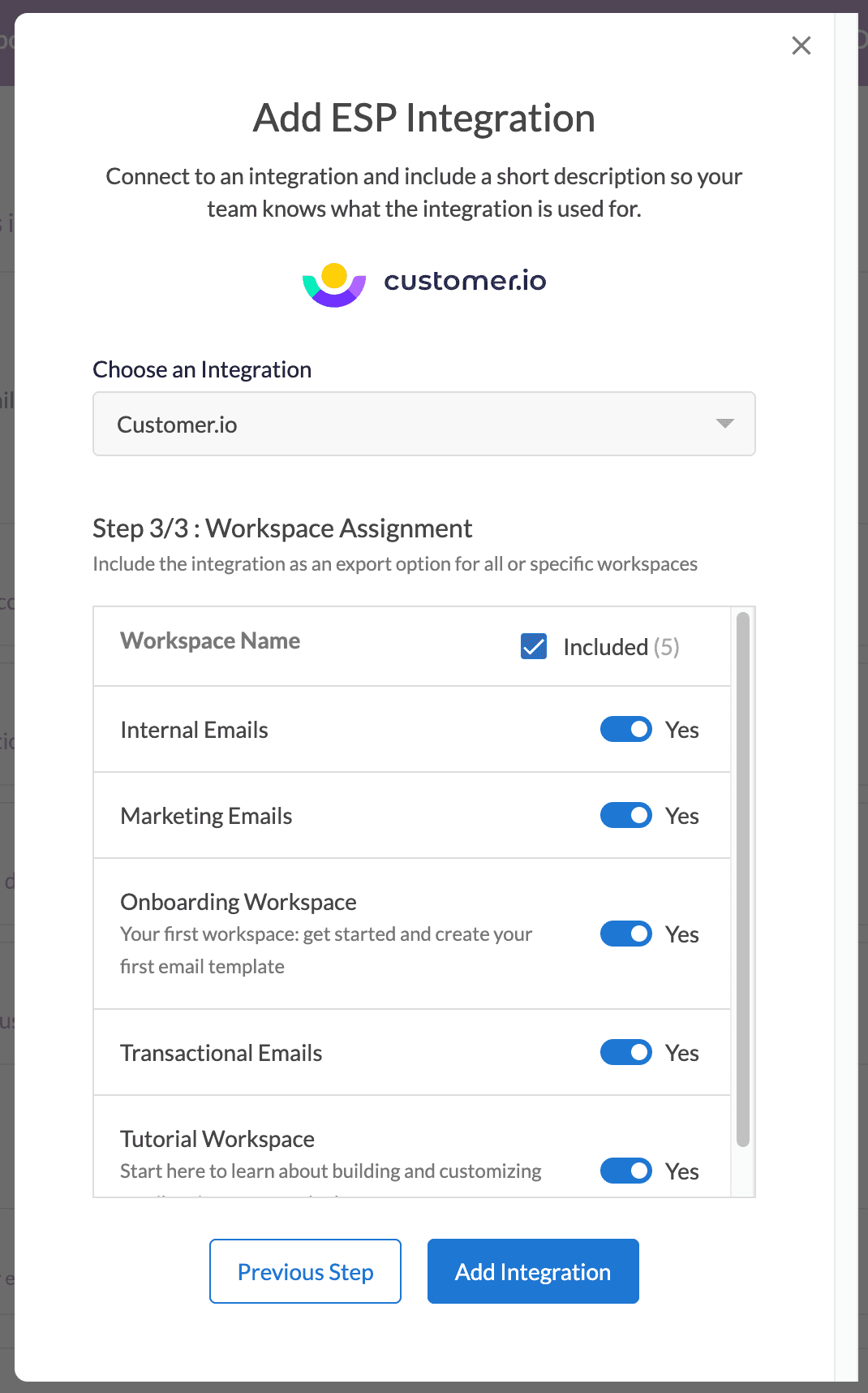Dyspatch Add ESP Integration modal page 3 with per workspace toggles