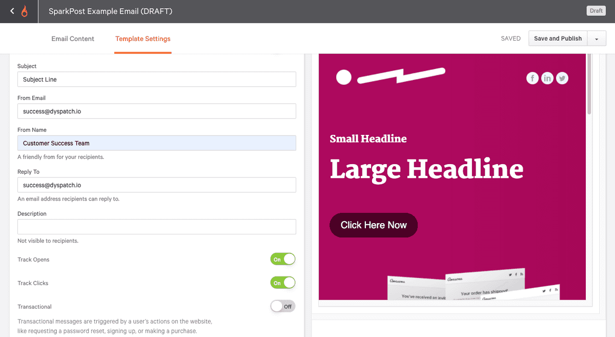 SparkPost template settings screen where you can update subject line, and set sender and tracking settings