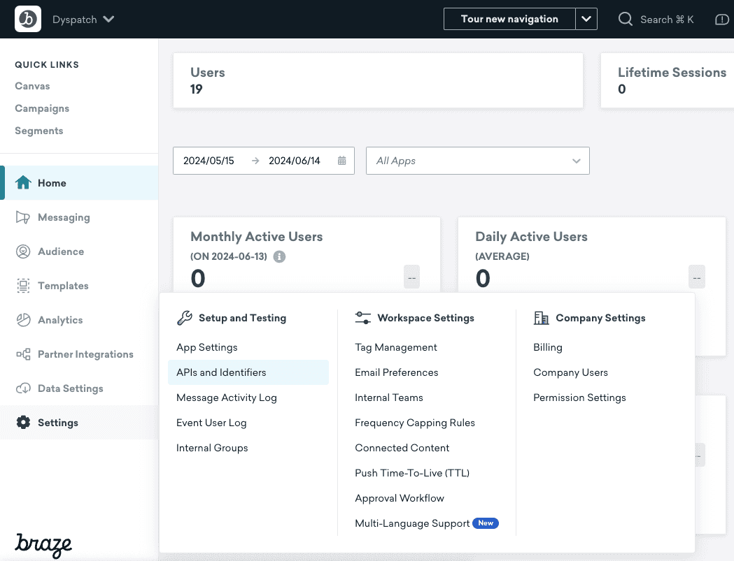 Braze settings menu pointed to the API option