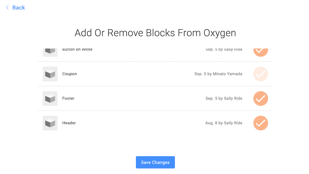 The add and remove blocks page with a list of blocks you can select or unselect from the theme