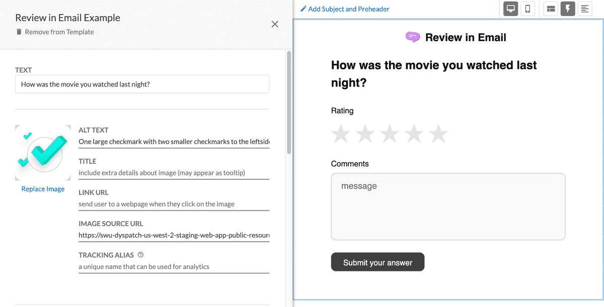 Editing a Review in Email survey within an email