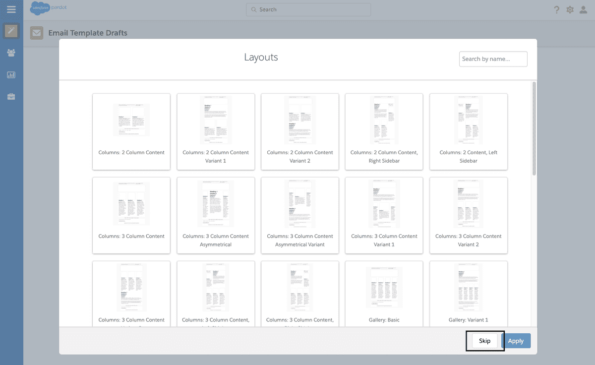 Pardot layouts screen. Skip this section