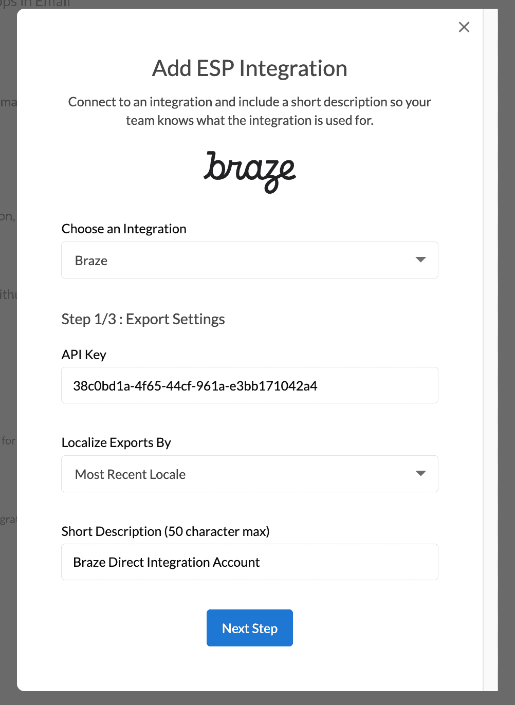 ESP Braze integration modal in Dyspatch