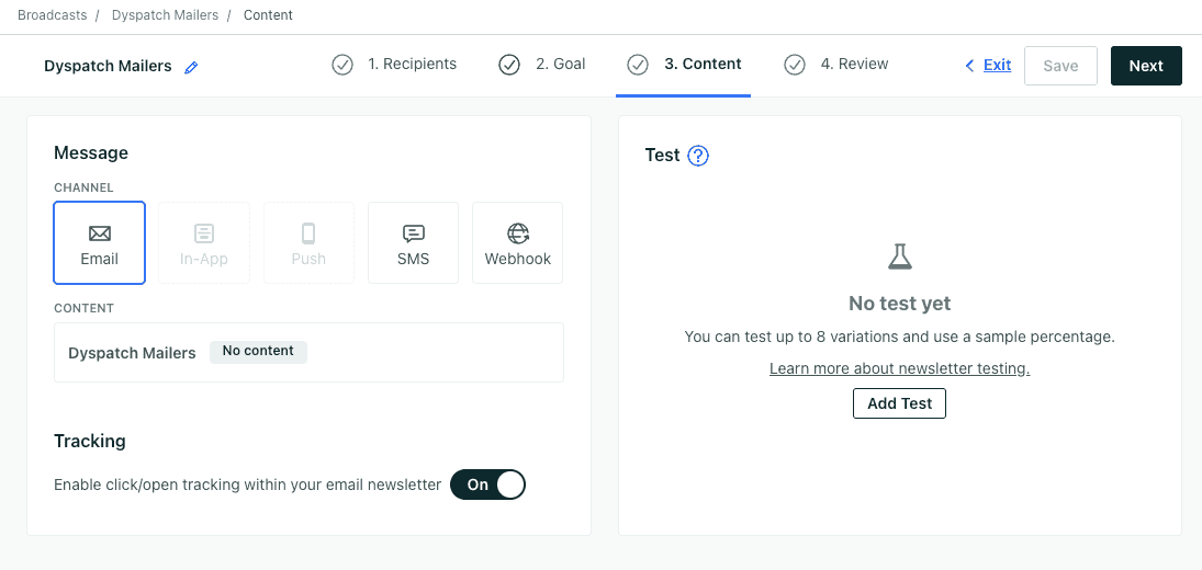 Message Channel page 3 in customer.io broadcast setup