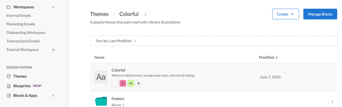 Viewing a theme with all its blocks on the selected theme's page