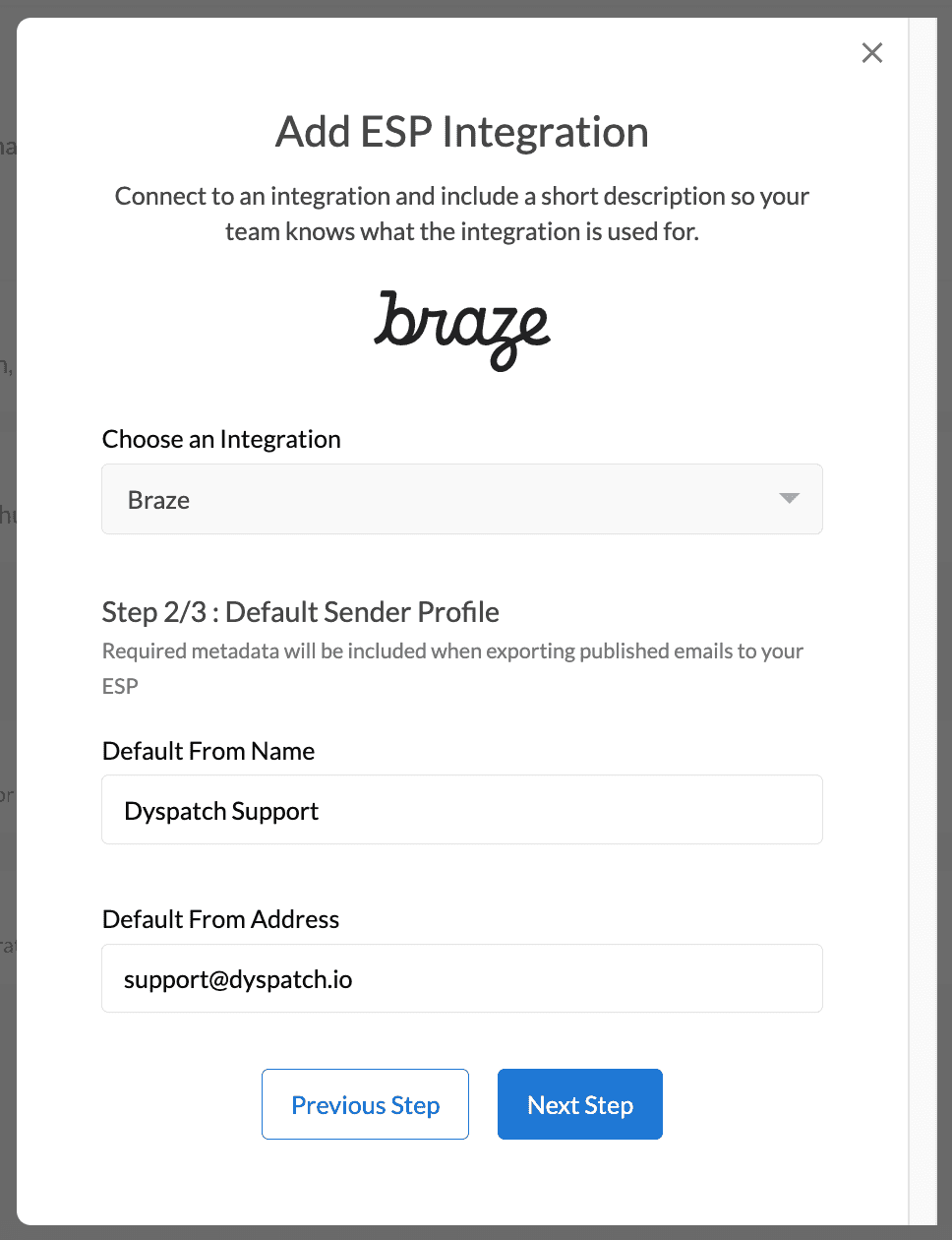 Page 2 of 3 of the Braze integration Dyspatch modal